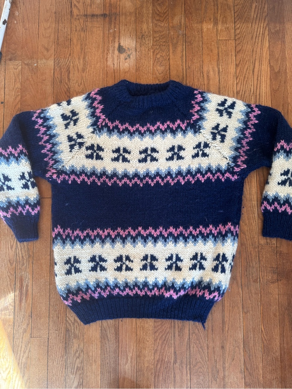 Vintage Wool Crewneck Sweater with Pink & Cream Accents